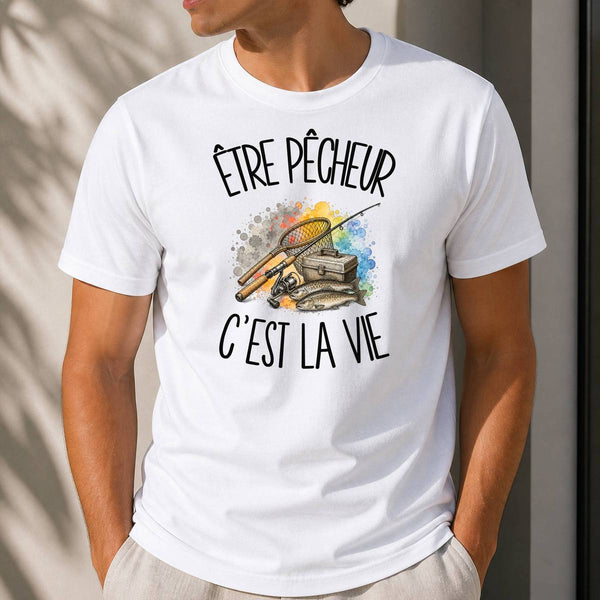 T-shirt Homme Blanc Être pêcheur c'est la vie
