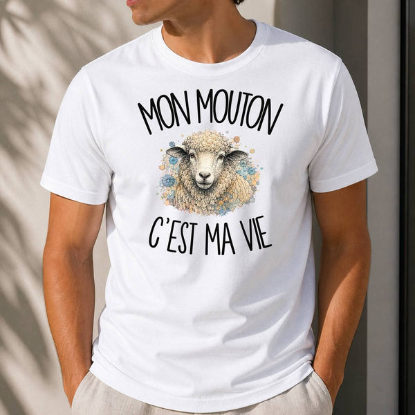 T-shirt Homme Blanc Mon mouton c'est ma vie