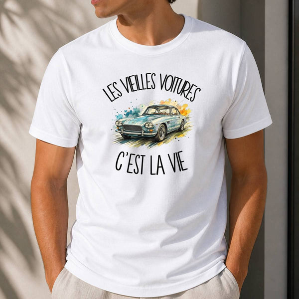 T-shirt Homme Blanc Les vieilles voitures c'est la vie