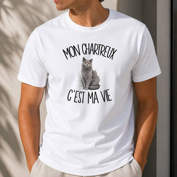 T-shirt Homme Blanc Mon Chartreux c'est ma vie