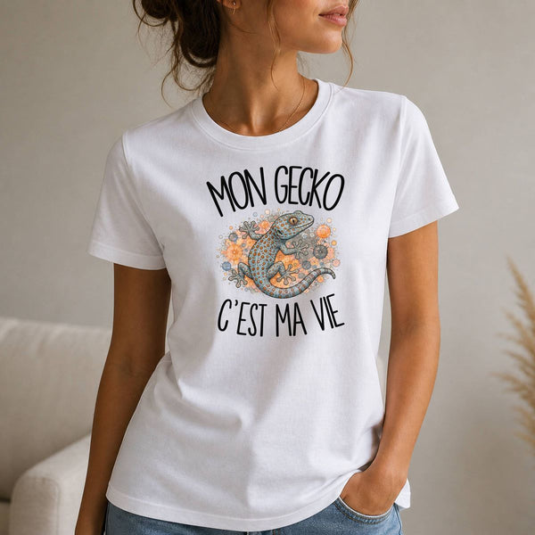 T-shirt Femme Blanc Mon gecko c'est ma vie