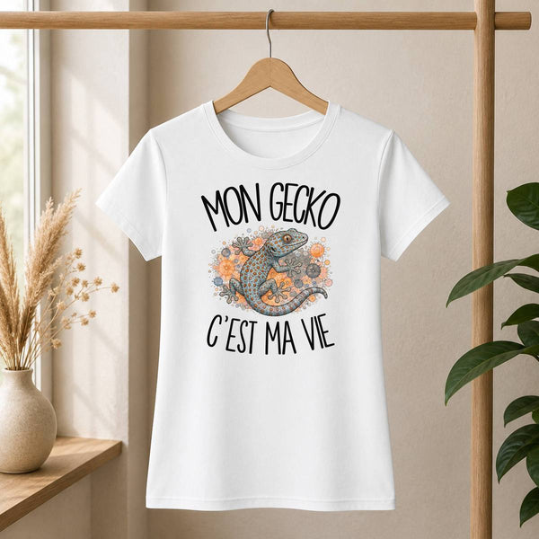 T-shirt Femme Blanc Mon gecko c'est ma vie