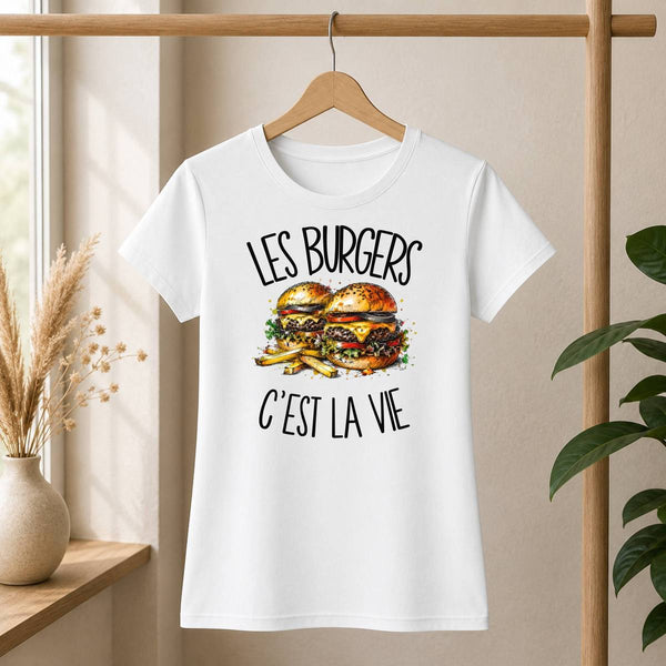T-shirt Femme Blanc Les burgers c'est la vie