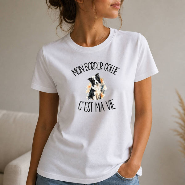 T-shirt Femme Blanc Mon Border Collie c'est ma vie
