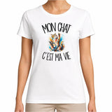 T-shirt Femme Blanc Mon chat c'est ma vie