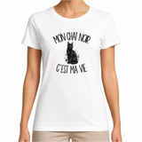 T-shirt Femme Blanc Mon chat noir c'est ma vie