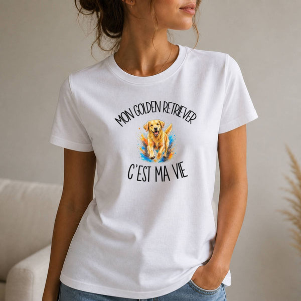 T-shirt Femme Blanc Mon Golden Retriever c'est ma vie