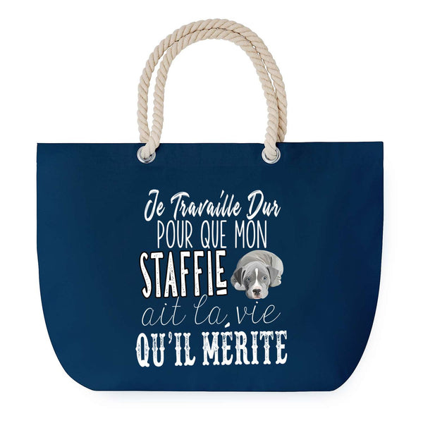Sac de plage Bleu anse corde Staffie Travailler Dur pour mon Chien