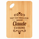 Planche bambou gravée personnalisée femme homme idée cadeau Fête des Mères Fête des Pères apéro papa maman prénom cuisine plateau fromage