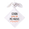 Doudou Bébé Lapin Humour Cousin Parents Gaze de Coton Cadeau Baby Shower