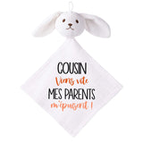 Doudou Bébé Lapin Humour Cousin Parents Gaze de Coton Cadeau Baby Shower
