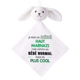 Doudou Bébé Lapin Humour Haut Marnais Gaze de Coton Cadeau Baby Shower