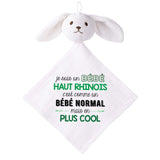 Doudou Bébé Lapin Humour Haut Rhinois Gaze de Coton Cadeau Baby Shower