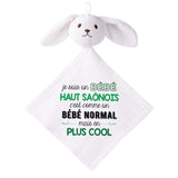 Doudou Bébé Lapin Humour Haut Saonois Gaze de Coton Cadeau Baby Shower