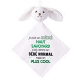 Doudou Bébé Lapin Humour Haut Savoyard Gaze de Coton Cadeau Baby Shower