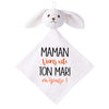 Doudou Bébé Lapin Humour Maman Mari Gaze de Coton Cadeau Baby Shower