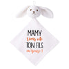 Doudou Bébé Lapin Humour Mamy Fils Gaze de Coton Cadeau Baby Shower