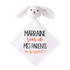 Doudou Bébé Lapin Humour Marraine Parents Gaze de Coton Cadeau Baby Shower