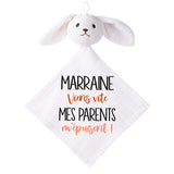 Doudou Bébé Lapin Humour Marraine Parents Gaze de Coton Cadeau Baby Shower