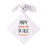 Doudou Bébé Lapin Humour Papy Fille Gaze de Coton Cadeau Baby Shower
