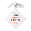 Doudou Bébé Lapin Humour Tata Belle Soeur Gaze de Coton Cadeau Baby Shower