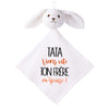 Doudou Bébé Lapin Humour Tata Frere Gaze de Coton Cadeau Baby Shower