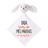 Doudou Bébé Lapin Humour Tata Parents Gaze de Coton Cadeau Baby Shower