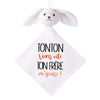 Doudou Bébé Lapin Humour Tonton Frere Gaze de Coton Cadeau Baby Shower