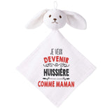Doudou Bébé Lapin Je Veux Devenir Huissiere comme Maman Gaze de Coton Cadeau Baby Shower