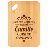 Planche bambou gravée personnalisée femme homme idée cadeau Fête des Mères Fête des Pères apéro papa maman prénom cuisine plateau fromage