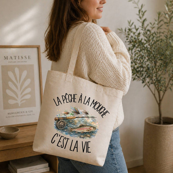 Tote Bag Beige La pêche à la mouche c'est la vie