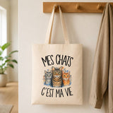 Tote Bag Beige Mes chats c'est ma vie