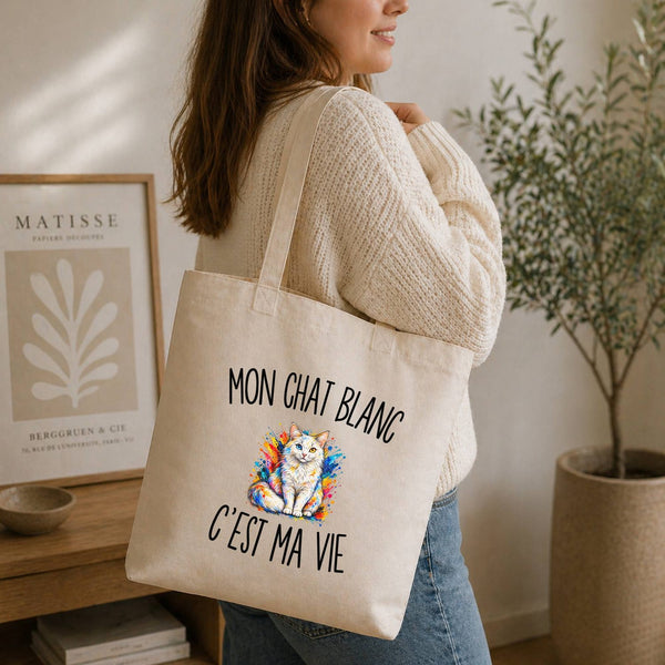 Tote Bag Beige Mon Chat Blanc c’est ma vie