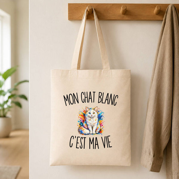 Tote Bag Beige Mon Chat Blanc c’est ma vie