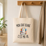 Tote Bag Beige Mon Chat Blanc c’est ma vie