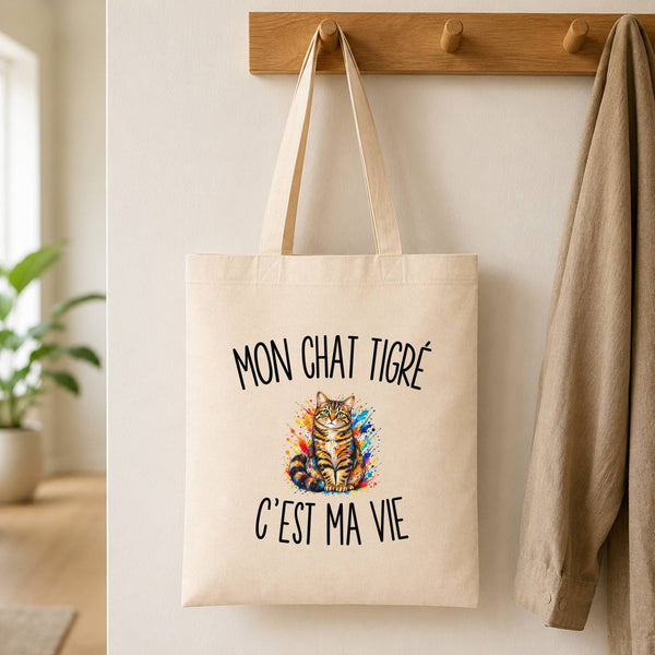 Tote Bag Beige Mon Chat Tigré c’est ma vie