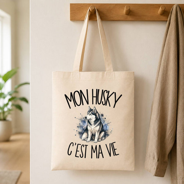 Tote Bag Beige Mon Husky c'est ma vie
