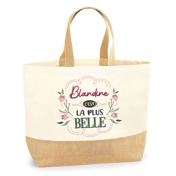 Sac Cabas 'Claudine Lettre Fleur' En Coton & Toile De Jute - Grand Sac De Plage, Courses, Marché - Idée Cadeau Femme Beige