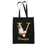 Tote Bag noir Véronique Lettre Fleur - Planetee