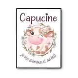 Affiche Bébé Enfant Amour & Biberon Lait Vache Prénom Personnalisable Fille - Planetee