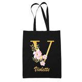 Tote Bag noir Violette Lettre Fleur - Planetee