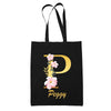 Tote Bag noir Peggy Lettre Fleur - Planetee
