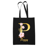 Tote Bag noir Peggy Lettre Fleur - Planetee