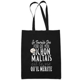 Sac Tote Bag Bichon Maltais Je travaille dur Noir - Planetee