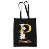 Tote Bag noir Priscillia Lettre Fleur - Planetee