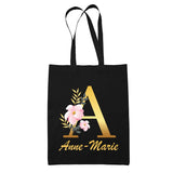 Tote Bag noir Anne-Marie Lettre Fleur - Planetee