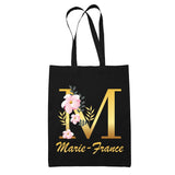 Tote Bag noir Marie-France Lettre Fleur - Planetee