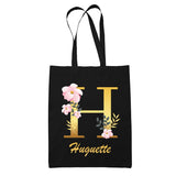 Tote Bag noir Huguette Lettre Fleur - Planetee