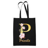 Tote Bag noir Priscilla Lettre Fleur - Planetee